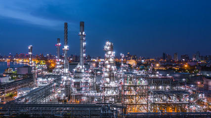 Fototapeta na wymiar Aerial view oil refinery, refinery plant, refinery factory at night.