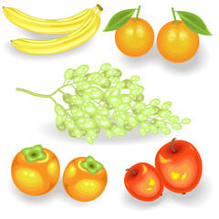 Sweet juicy fruit for every taste. Fresh bananas, persimmons, oranges, apples, grapes. The source of vitamins and trace elements. Vector illustration