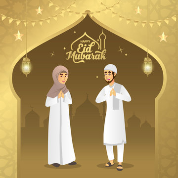 Eid mubarak greeting card. Cartoon muslim couple blessing Eid al fitr on gold background. vector illustration