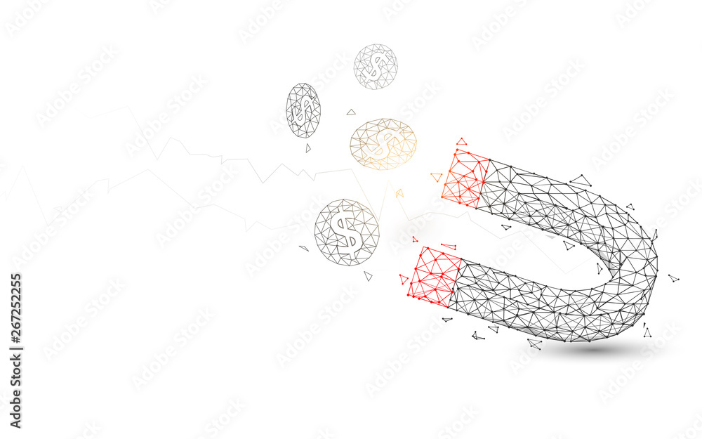 Poster magnet attracting coins from lines, triangles and particle style design. illustration vector