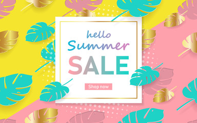 Hot summer sale template banner. Trendy summer tropical and palm leaves