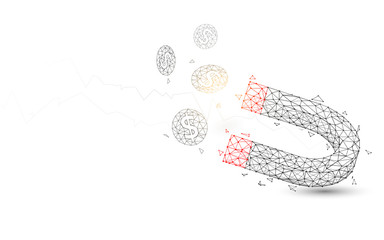 Magnet attracting coins from lines, triangles and particle style design. Illustration vector