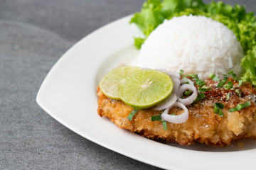 Spicy salad with fried chicken and rice in white dish on table.