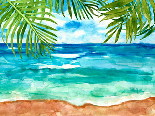 Hand drawn beach view. Watercolour sea, sky and tropical leaves. Summer seaside background.