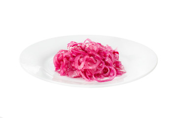Snack pickled onion red on plate, aperitif before alcohol, during kebab, shashlik or barbecue, white isolated background, side view