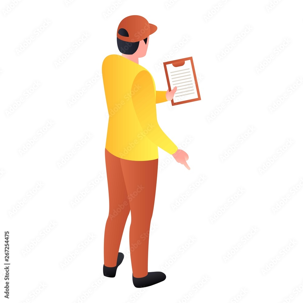 Poster postman giving clipboard to signature icon. isometric of postman giving clipboard to signature vecto