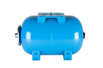 Blue horizontal pressure tank isolated on a white background.
