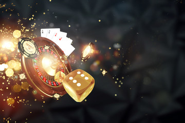 Creative Background, Online Casino, Smartphone With Playing Cards Roulette  And Chips, Black Gold Background Internet Gambling Concept Copy Space 3D  Illustration, 3D Render Wall Mural-Aliaksandr Marko