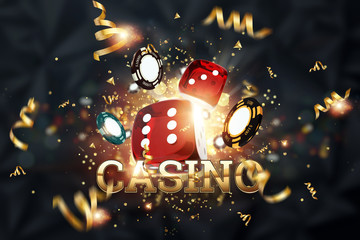 Creative background, inscription casino, gambling dice, cards, casino chips on a dark background. The concept of gambling, casino, winnings, Vegas Games Background. 3D render, 3D illustration.