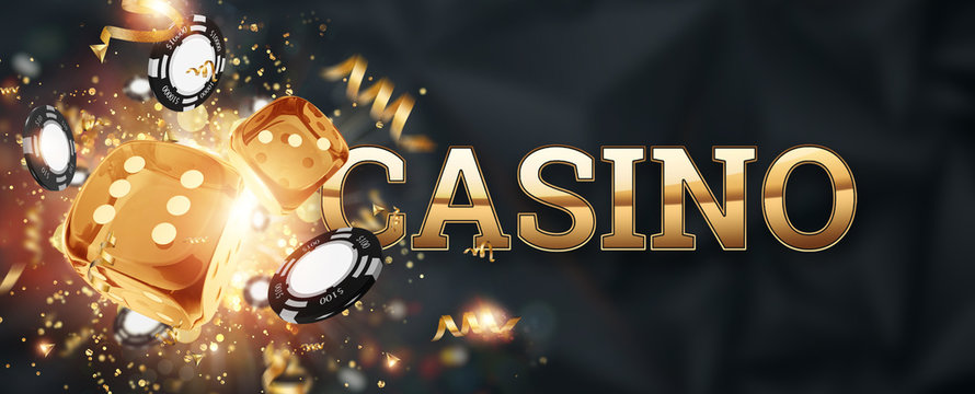 Creative background, inscription casino, roulette, gambling dice, cards, casino chips on a dark background. The concept of gambling, casino, winnings, Vegas Games. 3D render, 3D illustration.