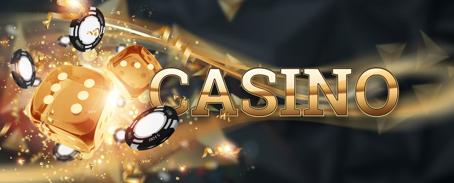Creative background, inscription casino, roulette, gambling dice, cards, casino chips on a dark background. The concept of gambling, casino, winnings, Vegas Games. 3D render, 3D illustration.