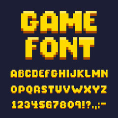 Pixel game font set, text and typography elements © Vikivector