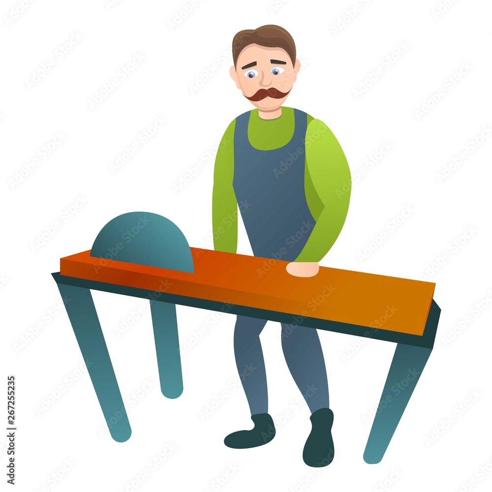 Poster carpenter at saw machine icon. cartoon of carpenter at saw machine vector icon for web design isolat