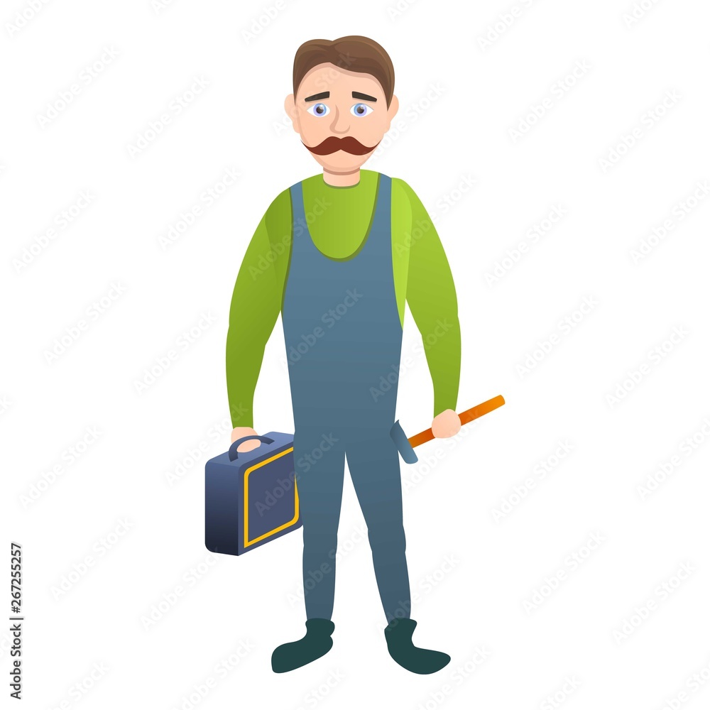 Poster carpenter with tool box icon. cartoon of carpenter with tool box vector icon for web design isolated