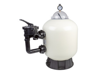 Side Mount Sand Filter for swimming pools to improve water clarity  isolated on a white background.