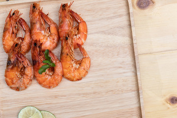 Baked Shrimp salt on wooden dish, Sea food  with copy space