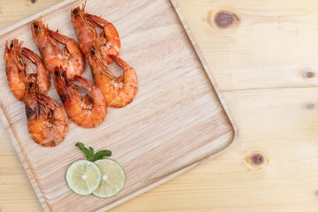 Baked Shrimp salt on wooden dish, Sea food  with copy space
