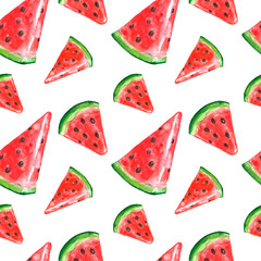 Watermelon slice seamless pattern. Summer tropical fruits background. Exotic food hand painted print.