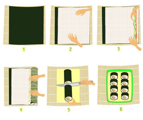 Preparation of sushi in pictures. Step-by-step instruction. Do it yourself National Japanese cuisine. Seafood and rice rolls. Vector illustration.