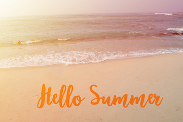 Hello summer greeting card. Summer background with palm trees and sea