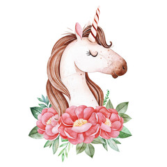 Obraz na płótnie Canvas Cute Unicorn with pink peonies and leaves.Watercolor bouquets for your design.Perfect for wedding,invitations,blogs,template card,Birthday,baby shower,greeting,logos,wallpaper and more