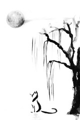 Watercolor black ink wash hand drawn cat under willow tree and full moon. Sumi-e painting u-sin, go-hua, illustration on white background