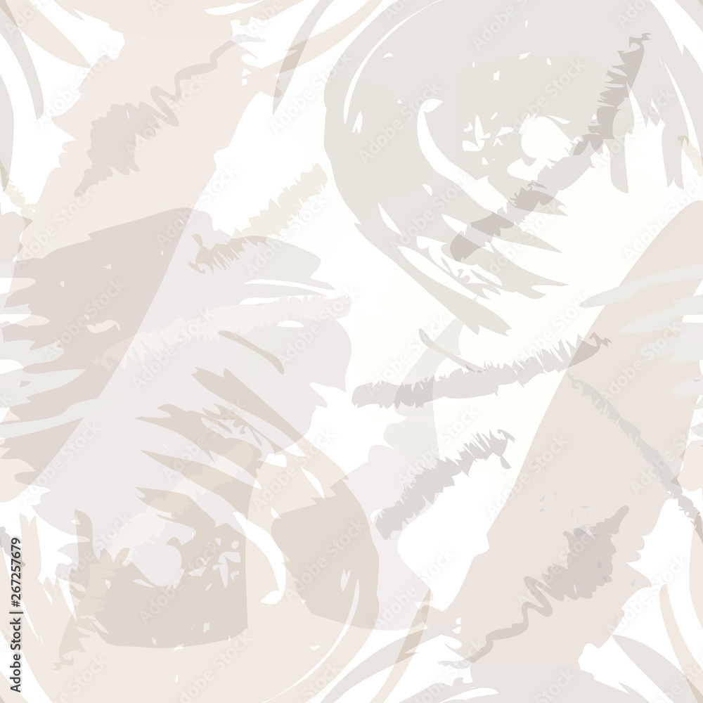Poster Abstract brush storkes, splatters and crayon marks background. Vector seamless creative pattern with hand painted shapes in neutral light colors.