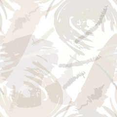 Abstract brush storkes, splatters and crayon marks background. Vector seamless creative pattern with hand painted shapes in neutral light colors.