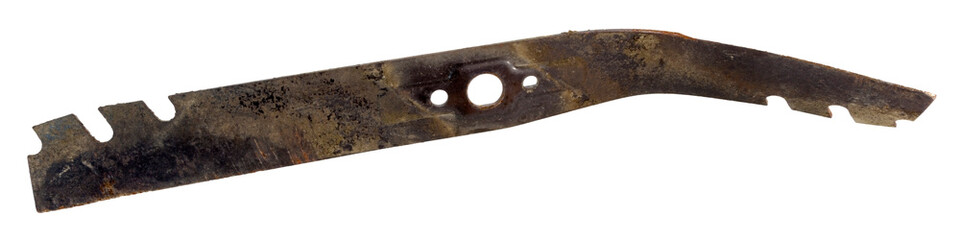 Used, rusty and bent lawn mower blade. Isolated.