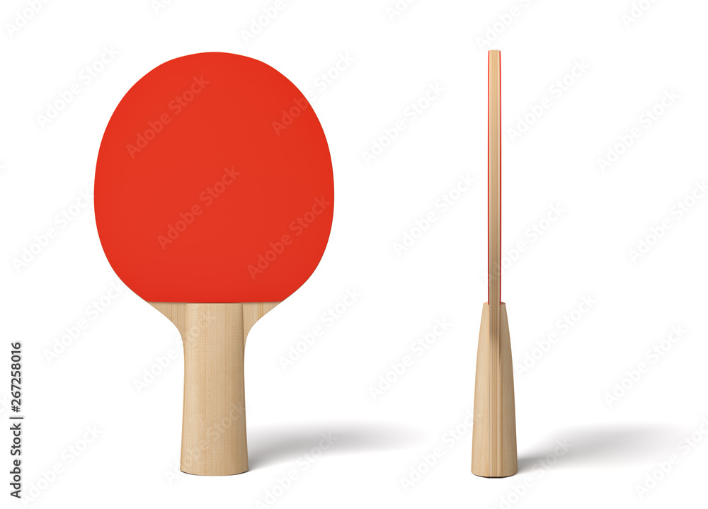 Poster 3d close-up rendering of ping pong racket with wooden handle and red rubber on white background.