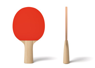 3d close-up rendering of ping pong racket with wooden handle and red rubber on white background.