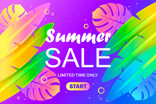 Colorful summer banner template. Tropical leaves and abstract background. Sale poster. Vector illustration.