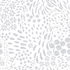 Vector organic seamless abstract background, botanical motif, freehand doodles pattern with stylized flowers, leaves, berries and simple shapes on geometric background. Light neutral colors.