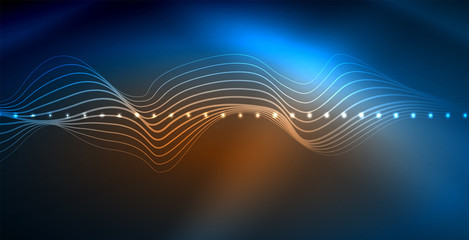 Glowing abstract wave on dark, shiny motion, magic space light. Vector techno abstract background