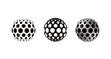 Realistic 3D spheres decorated with circles, isolated on white background
