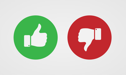 Thumb up and down on a background of green and red circles. Vector illustration.