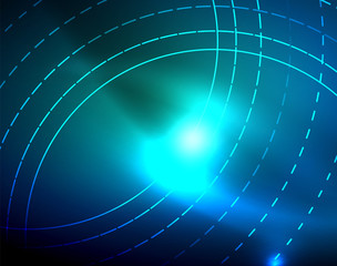 Blue neon circles, abstract circular lines. Glowing circle abstract pattern background