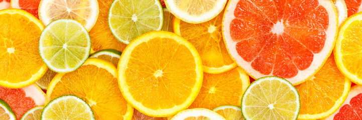 Citrus fruits collection food background banner oranges lemons limes grapefruit fresh fruit