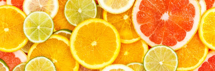 Foto op Plexiglas Citrus fruits collection food background banner oranges lemons limes grapefruit fresh fruit © Markus Mainka