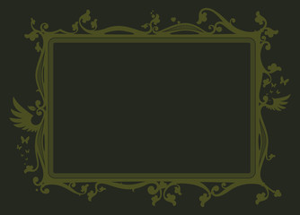 green vector frame with various decorative elements such as heart, leaves, butterflies