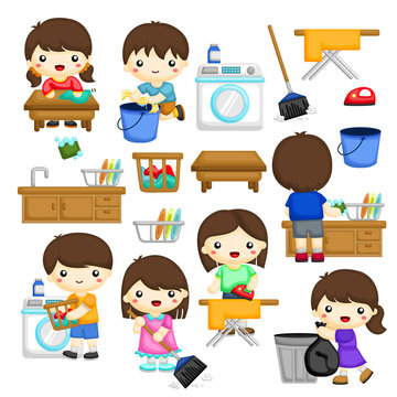 Young kids doing house chores