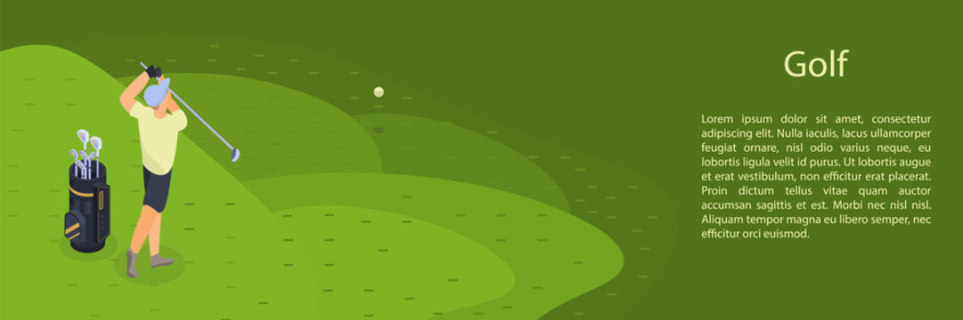 Man play golf concept banner. Isometric illustration of man play golf vector concept banner for web design
