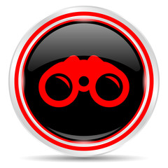 Binoculars icon. Round metal web button, black and red.
