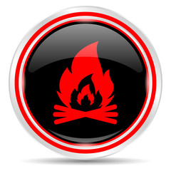Fire icon. Round metal web button, black and red.