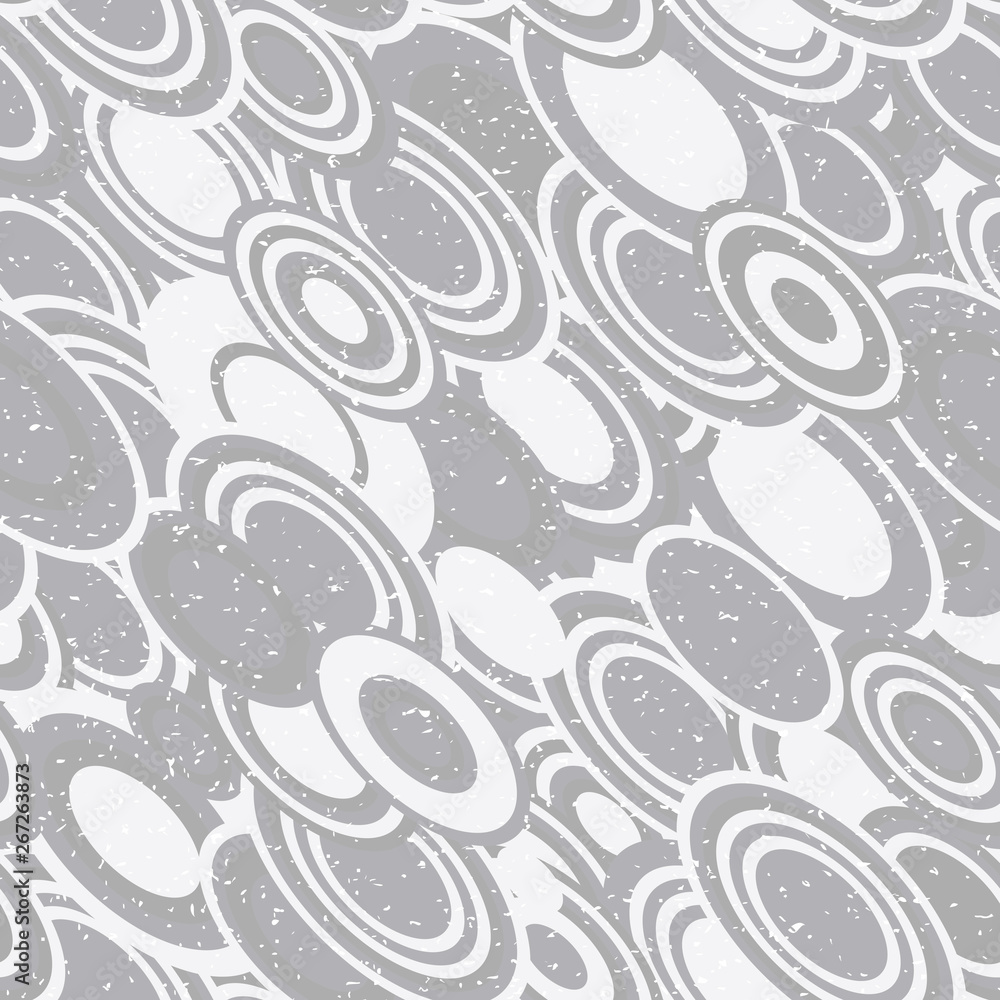 Poster Modern vector abstract seamless geometric pattern with  circles in retro scandinavian style. Neutral gray and white colored shapes with worn out texture.