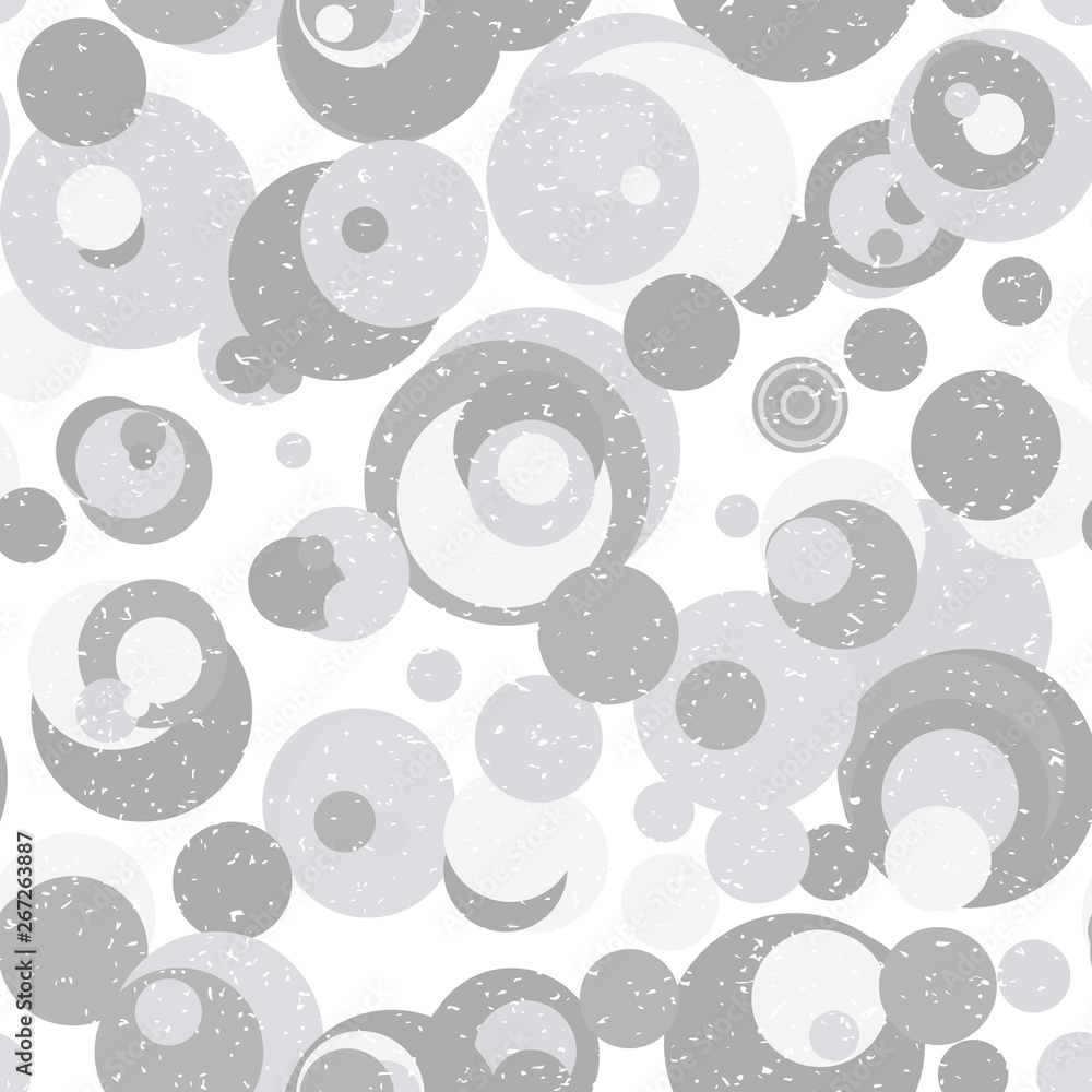 Poster Modern vector abstract seamless geometric pattern with  circles in retro scandinavian style. Neutral gray and white colored shapes with worn out texture.