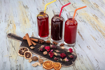 Ramadan drinks. Turkish Sherbet,  raspberry, cherry and rose sweet,cold red rose sherbet.