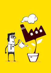 Businessman trying to grow up a factory