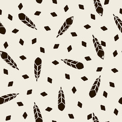 Vector hand draw seamless pattern with feathers and diamonds on white background.
