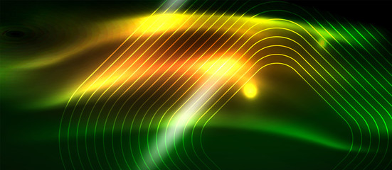 Dark background with neon glowing elements, shiny motion concept